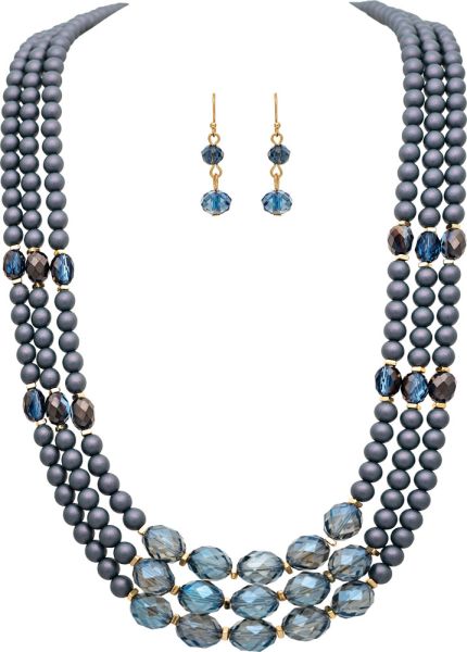 RAIN Gold Blue Frosted Grey 3 Row Bead Necklace - N3524G
