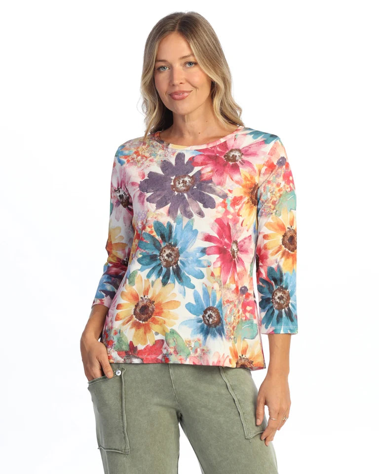 JESS & JANE Open Stretch Round Neck Top w/ 3/4 Sleeves - OS1-2291 - JARDIN