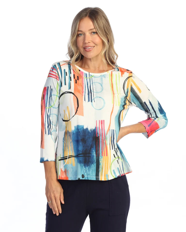 JESS & JANE Open Stretch Round Neck Top w/ 3/4 Sleeves - OS1-2309 - IMPROV