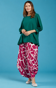 Sydney Project Peggy Round Neck Long Flowy Top w/ Reuched Cuffed Sleeves - AFT1157 - JADE