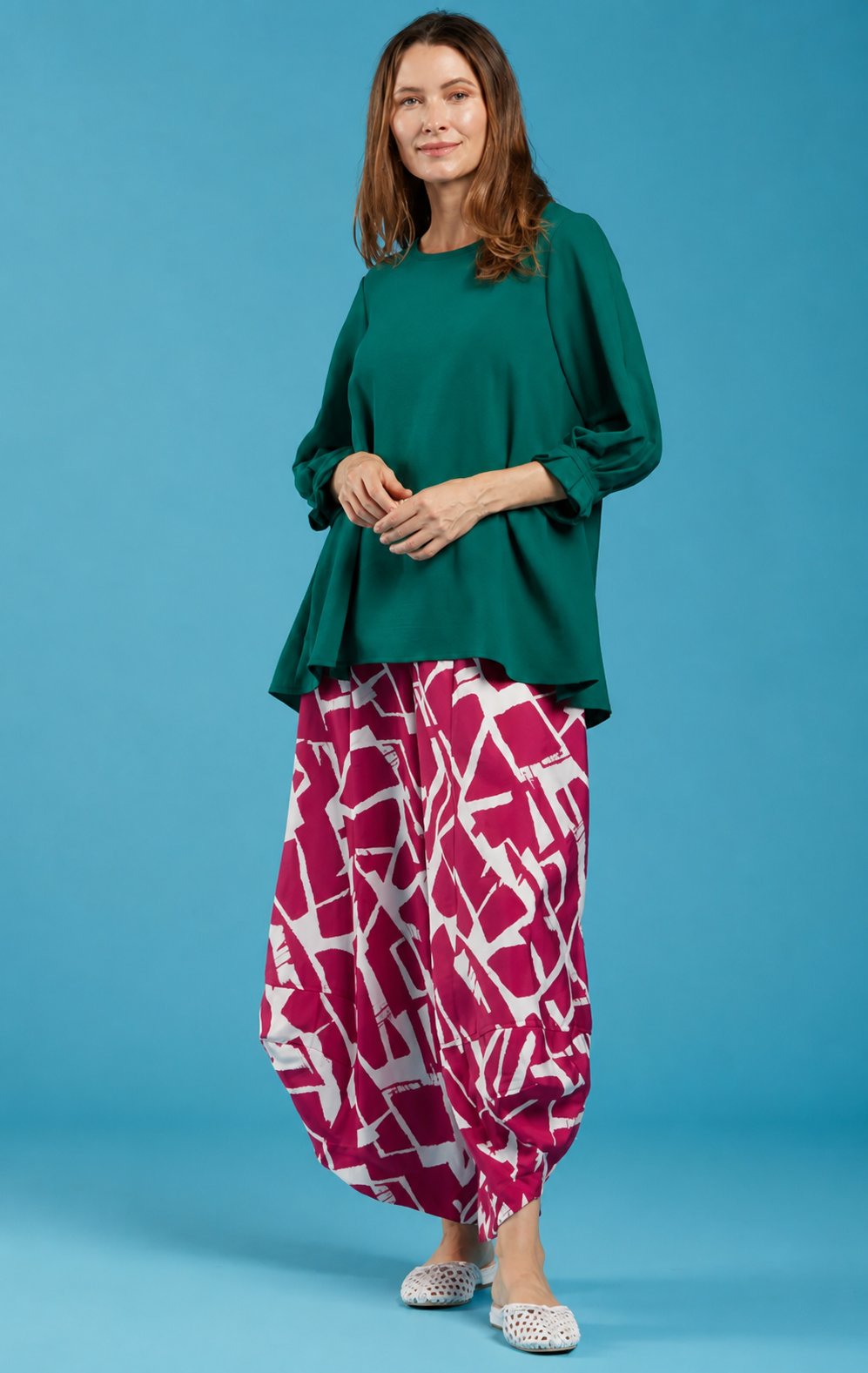Sydney Project Peggy Round Neck Long Flowy Top w/ Reuched Cuffed Sleeves - AFT1157 - JADE