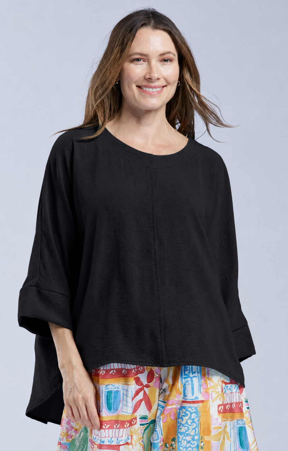 Sydney Project Ruth 3/4 Sleeve Round Neck Relaxed Top - AFT1144 - BLACK