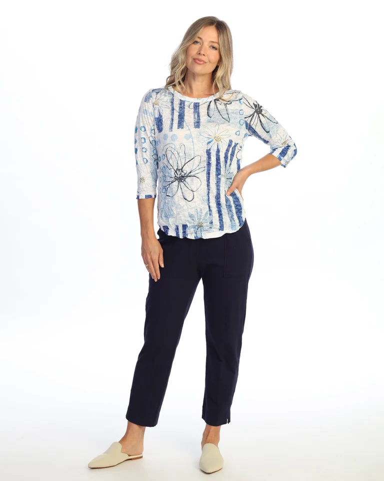 JESS & JANE Crushed 3/4 Sleeve Top w/ Round Hem - SC4-2290 - BLUE BLOOM