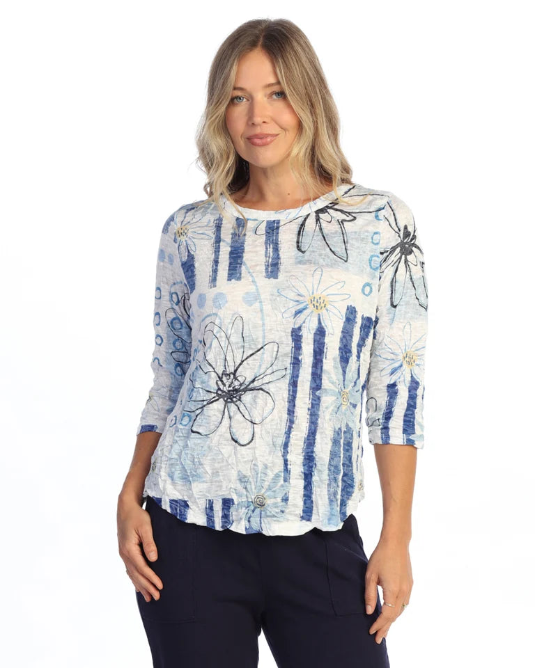 JESS & JANE Crushed 3/4 Sleeve Top w/ Round Hem - SC4-2290 - BLUE BLOOM