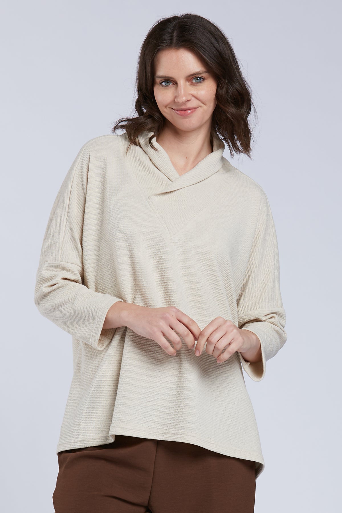 Sydney Project Crista Hi-Low V-Neck Long Sleeve Top - SET1077 - OATMEAL