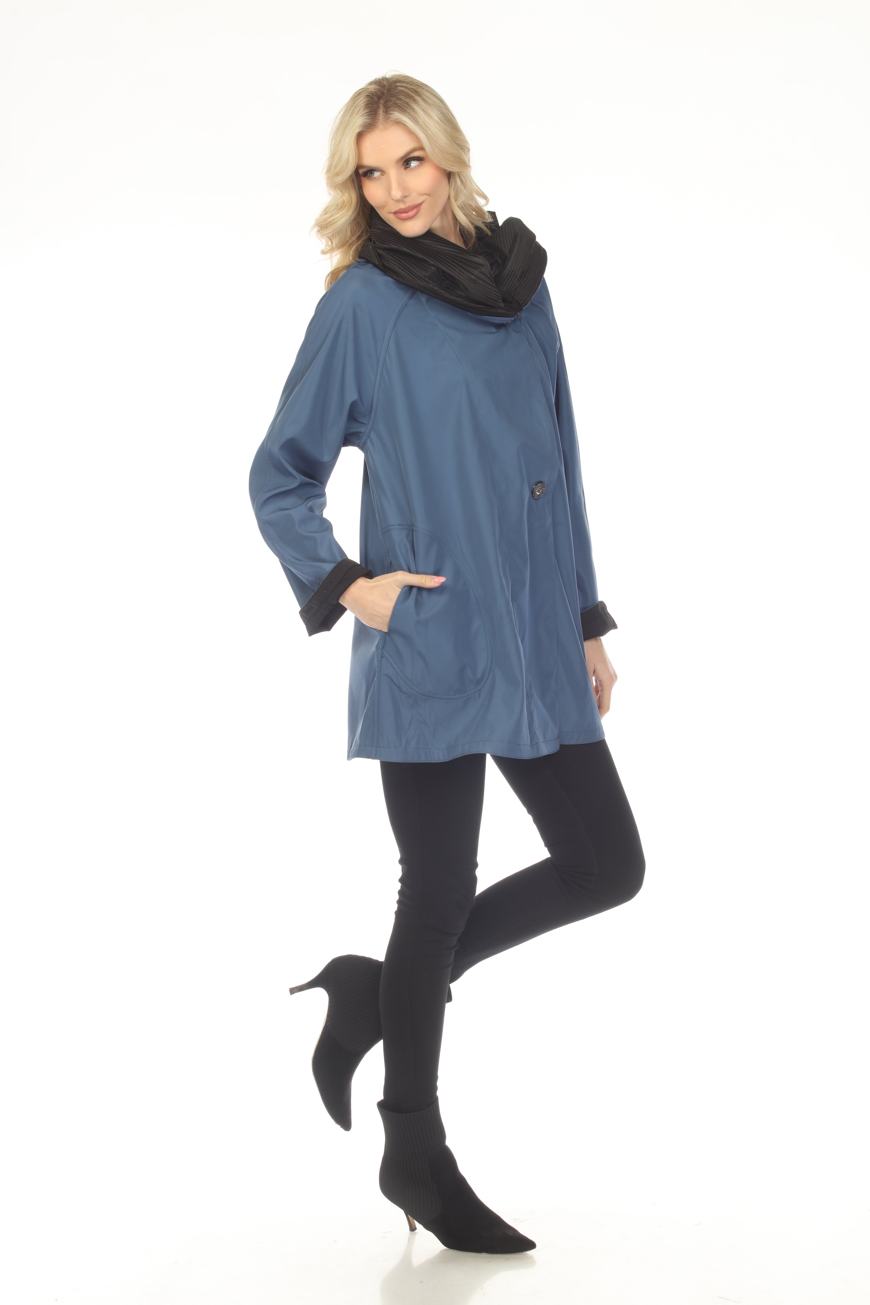 Oopera Reversible Two Button Ribbed Hood Raincoat - Blue - SJ2606RW-5