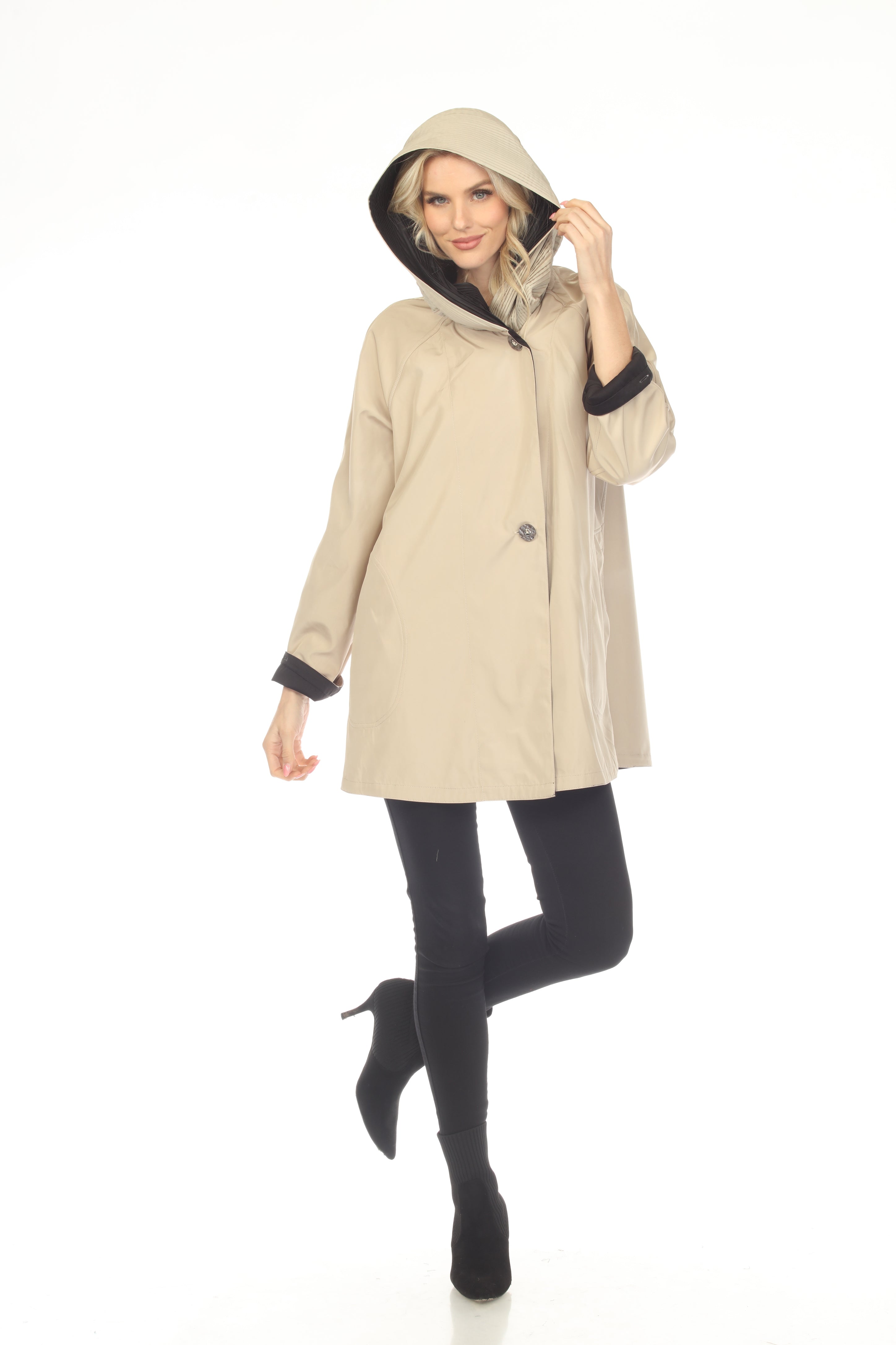 Oopera Reversible Two Button Ribbed Hood Raincoat - Beige - SJ2606RW-8