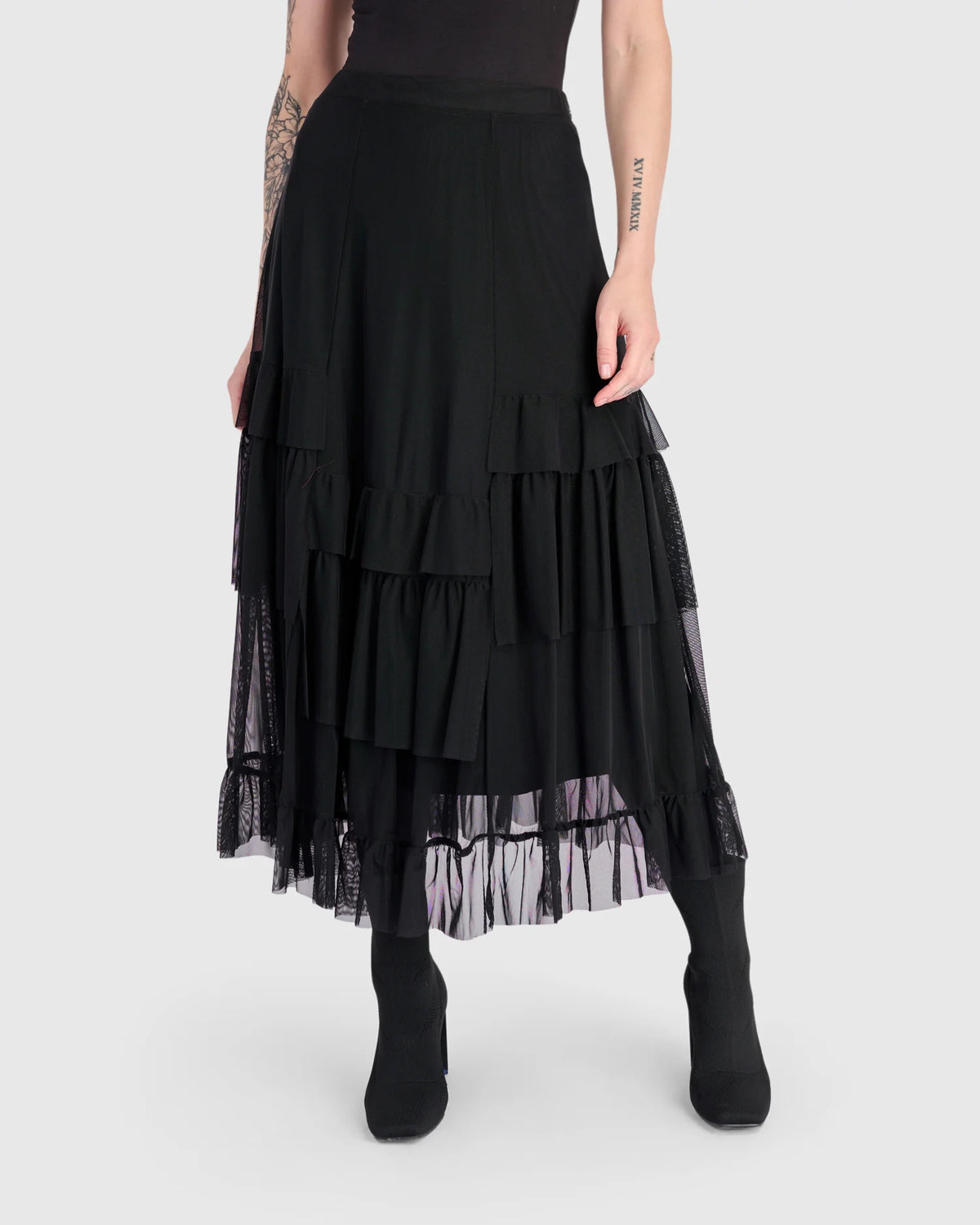 ALEMBIKA Samba Tiered Mesh Skirt - EK704B - BLACK