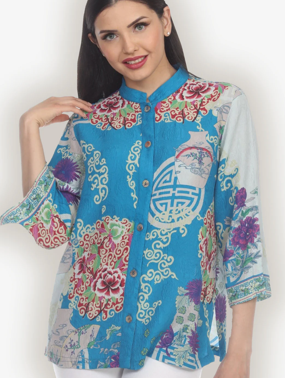 Citron "Bouquet Cluster Turquoise" Silk Blouse - 1213BCT
