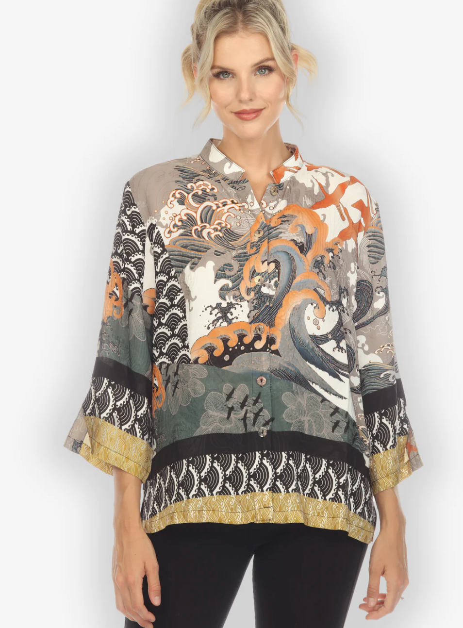 Citron "Waves and Cranes" Silk Blouse -1213WAC