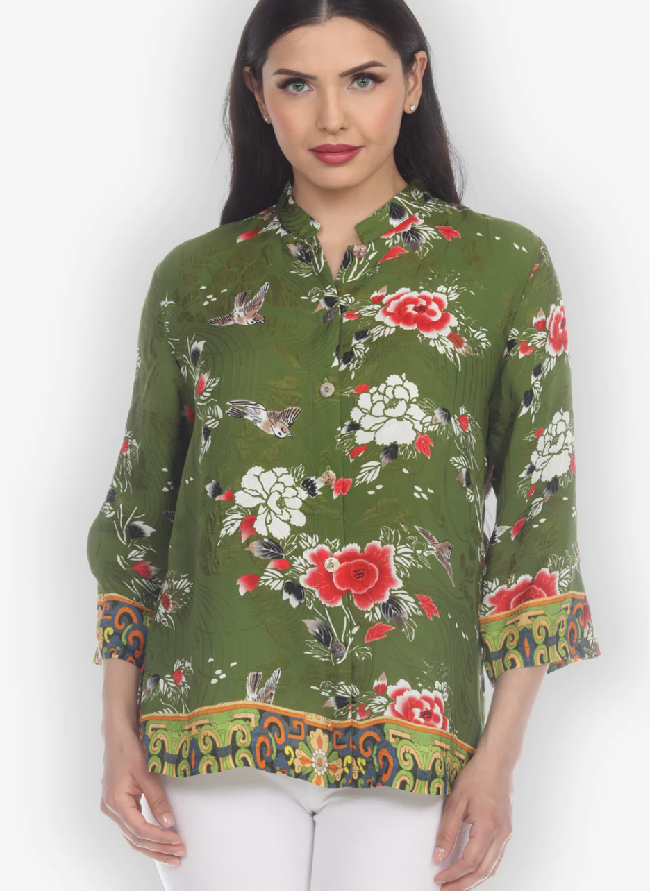 Citron "Floral With Bird" Silk Blouse - 1213FWB