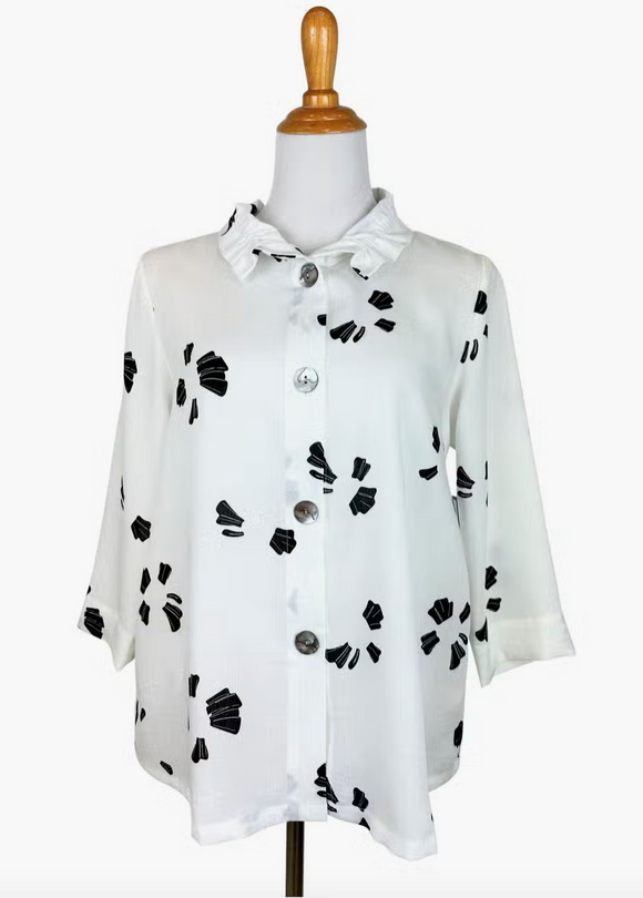 Fridaze AA311 - Flora Jacket w/ Wire Collar - BLACK PETALS ON WHITE