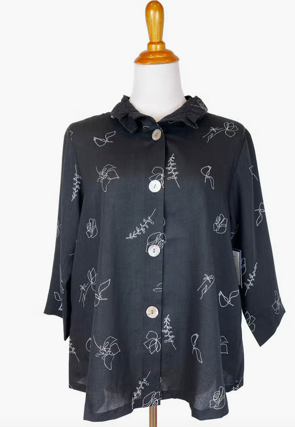 Fridaze AA311 - Flora Jacket w/ Wire Collar - WHITE FLORAL ON BLACK