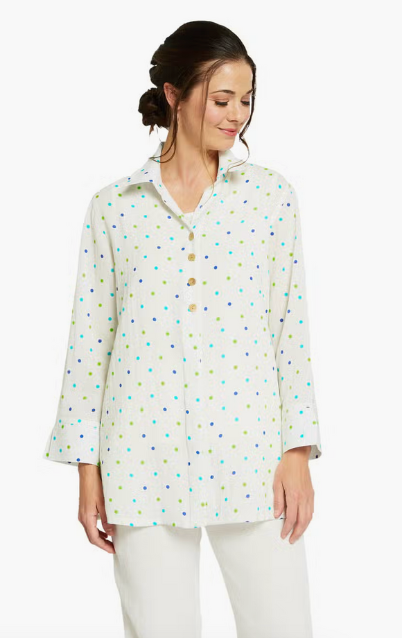 Fridaze AA192 - Eleanor Linen Blouse - GREEN/BLUE DOTS