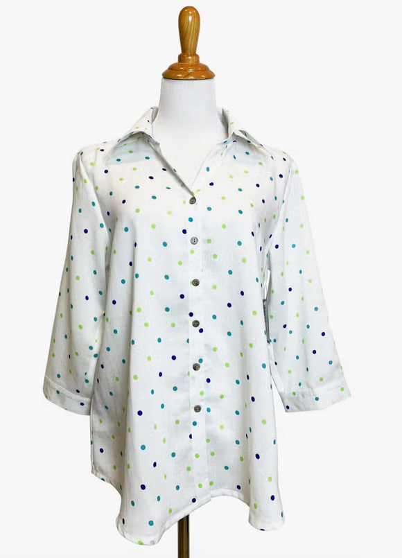 Fridaze AA161 - Short Tuxedo Linen Shirt - BLUE/GREEN DOTS