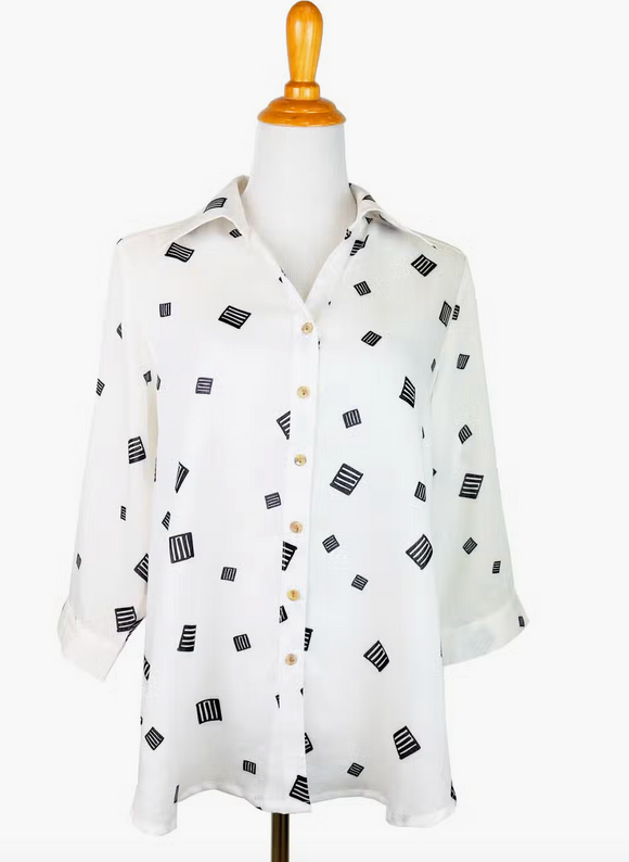 Fridaze AA161 - Short Tuxedo Linen Shirt - BLACK SQUARES ON WHITE