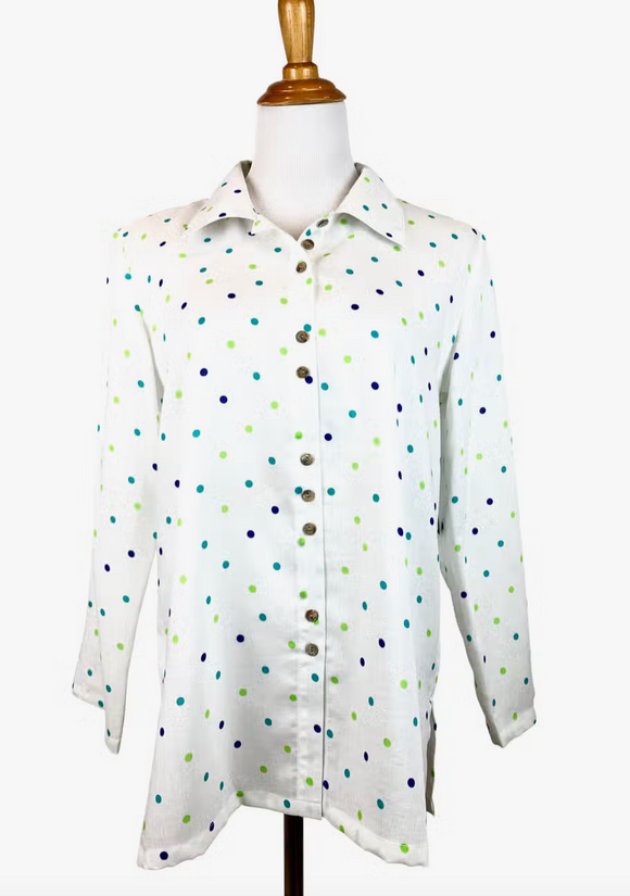 Fridaze AA59 - Fun Buttons Linen Shirt - BLUE/GREEN DOTS