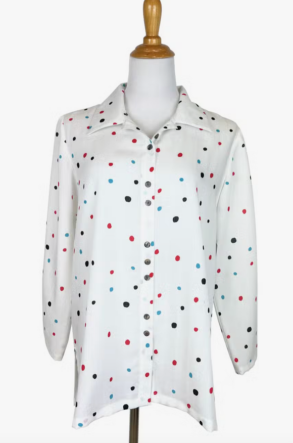 Fridaze AA59 - Fun Buttons Linen Shirt - IRREGULAR DOTS ON WHITE