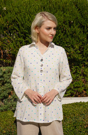 Fridaze AA366 Juilanne Linnen Blouse  - BLUE/GREEN DOTS