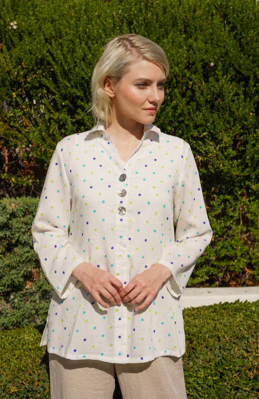 Fridaze AA366 Juilanne Linnen Blouse  - BLUE/GREEN DOTS