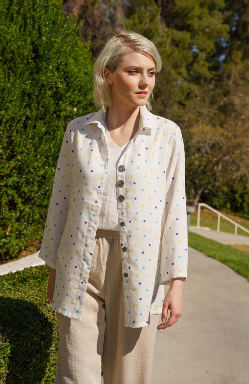 Fridaze AA366 Juilanne Linnen Blouse  - BLUE/GREEN DOTS