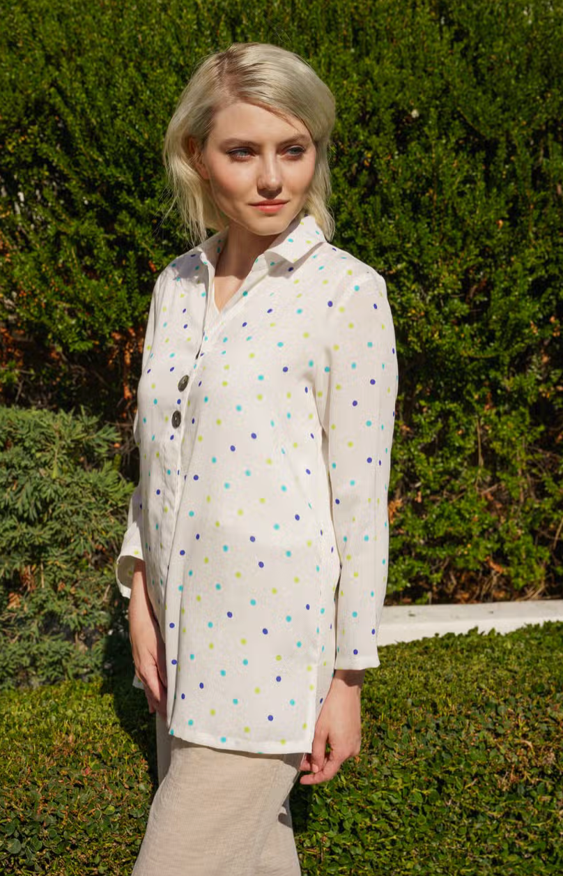 Fridaze AA366 Juilanne Linnen Blouse  - BLUE/GREEN DOTS