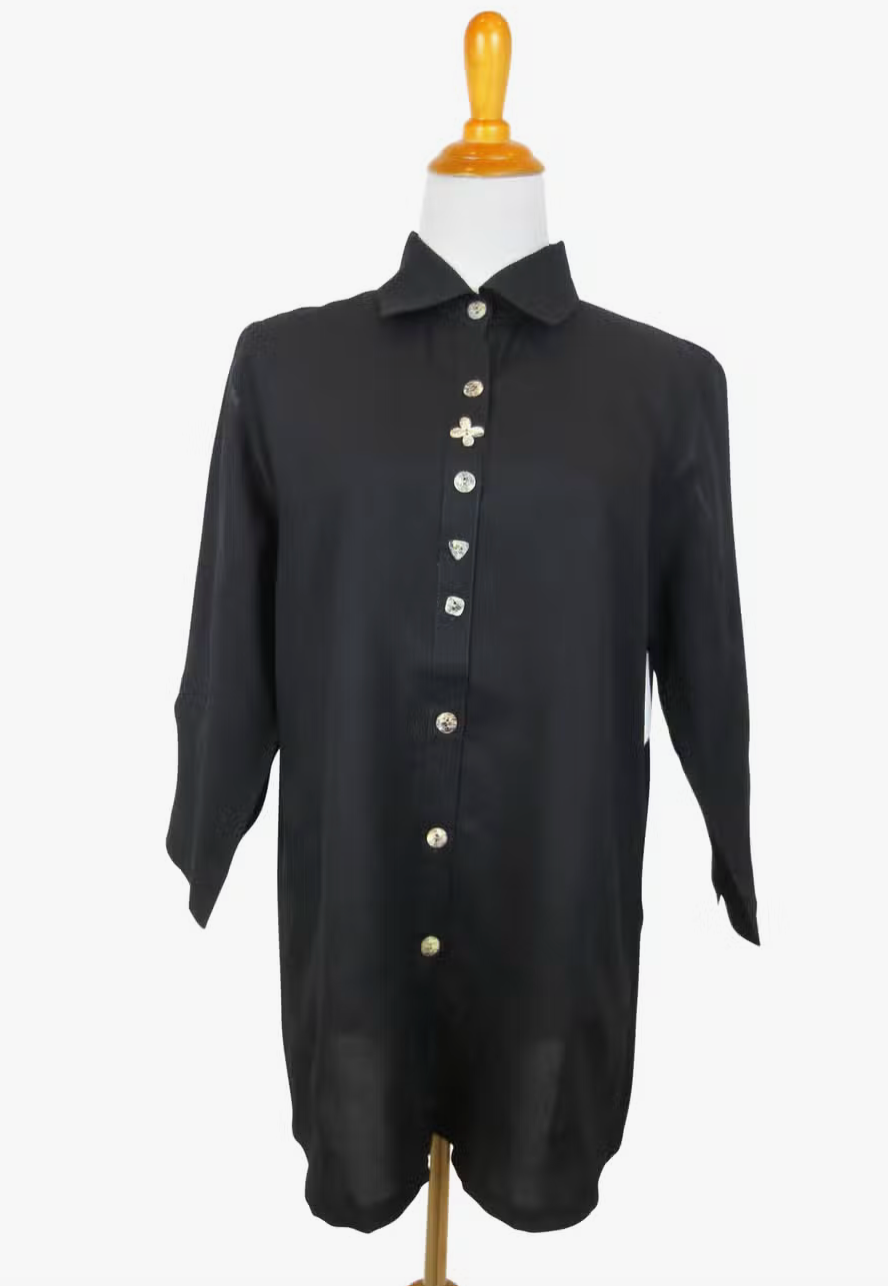 Fridaze AA268 Flower Button Linen Shirt - BLACK