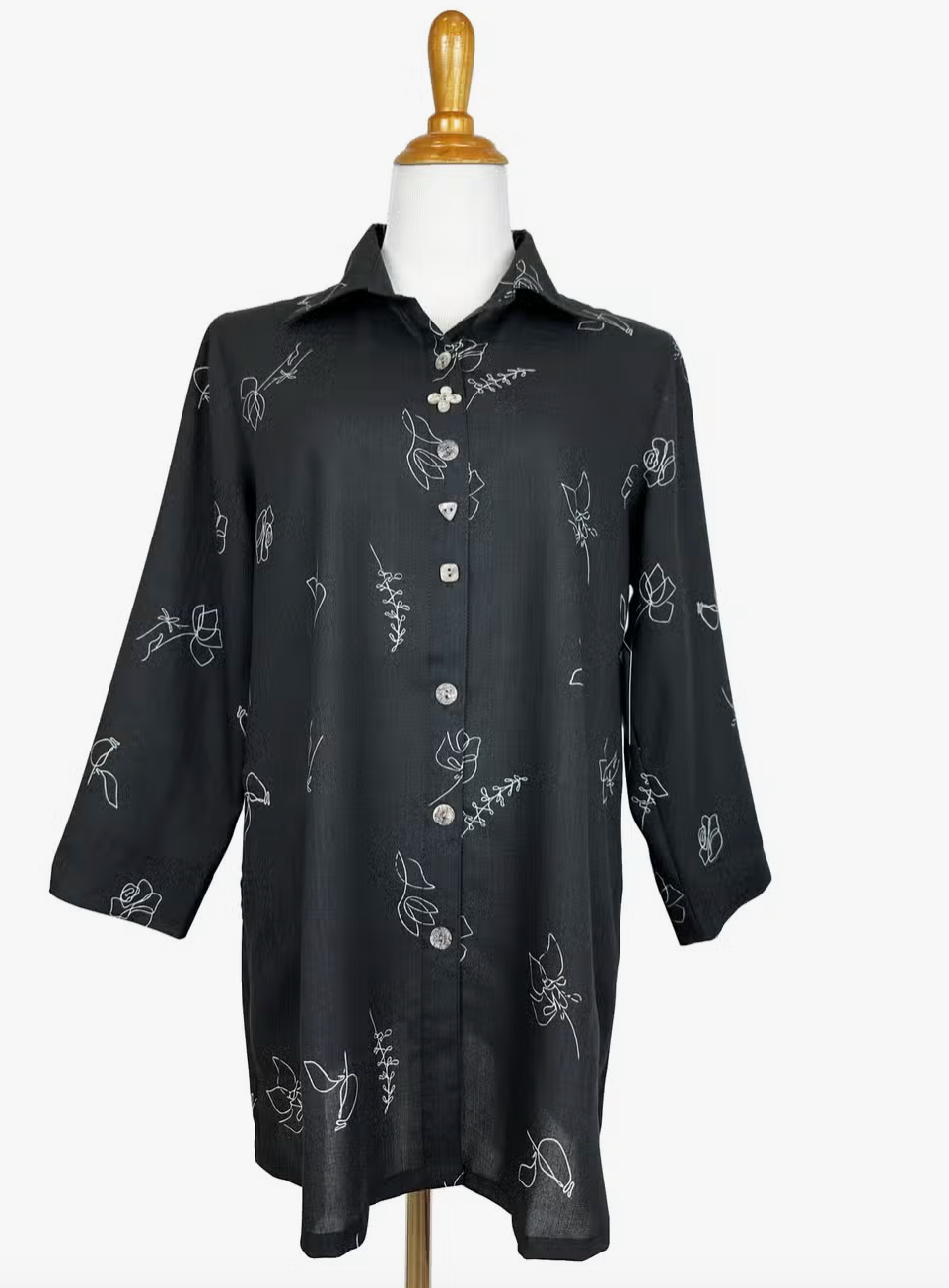 Fridaze AA268 Flower Button Linen Shirt - WHITE FLORAL ON BLACK