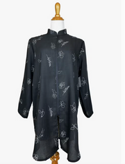 Fridaze AA218- Side Button Zippered Linen Tunic - WHITE FLORAL ON BLACK