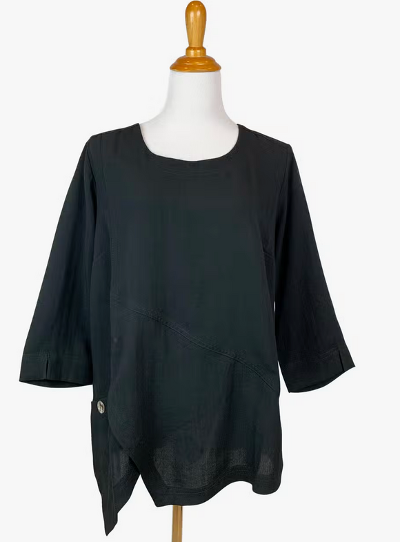 Fridaze AA123- Linen Pullover with Asymmetric Hem- BLACK