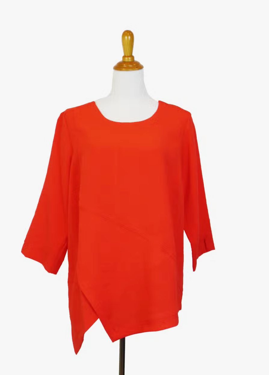 Fridaze AA123- Linen Pullover with Asymmetric Hem- TOMATO