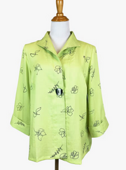 Fridaze AA188- One Button Short Linen Jacket- BLACK FLORAL ON PEAR