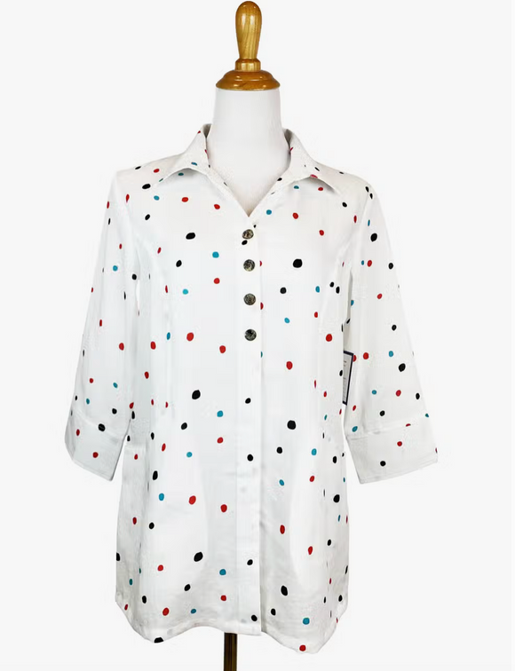 Fridaze AA267- Scoop Pocket Linen Shirt- IRREGULAR DOTS ON WHITE