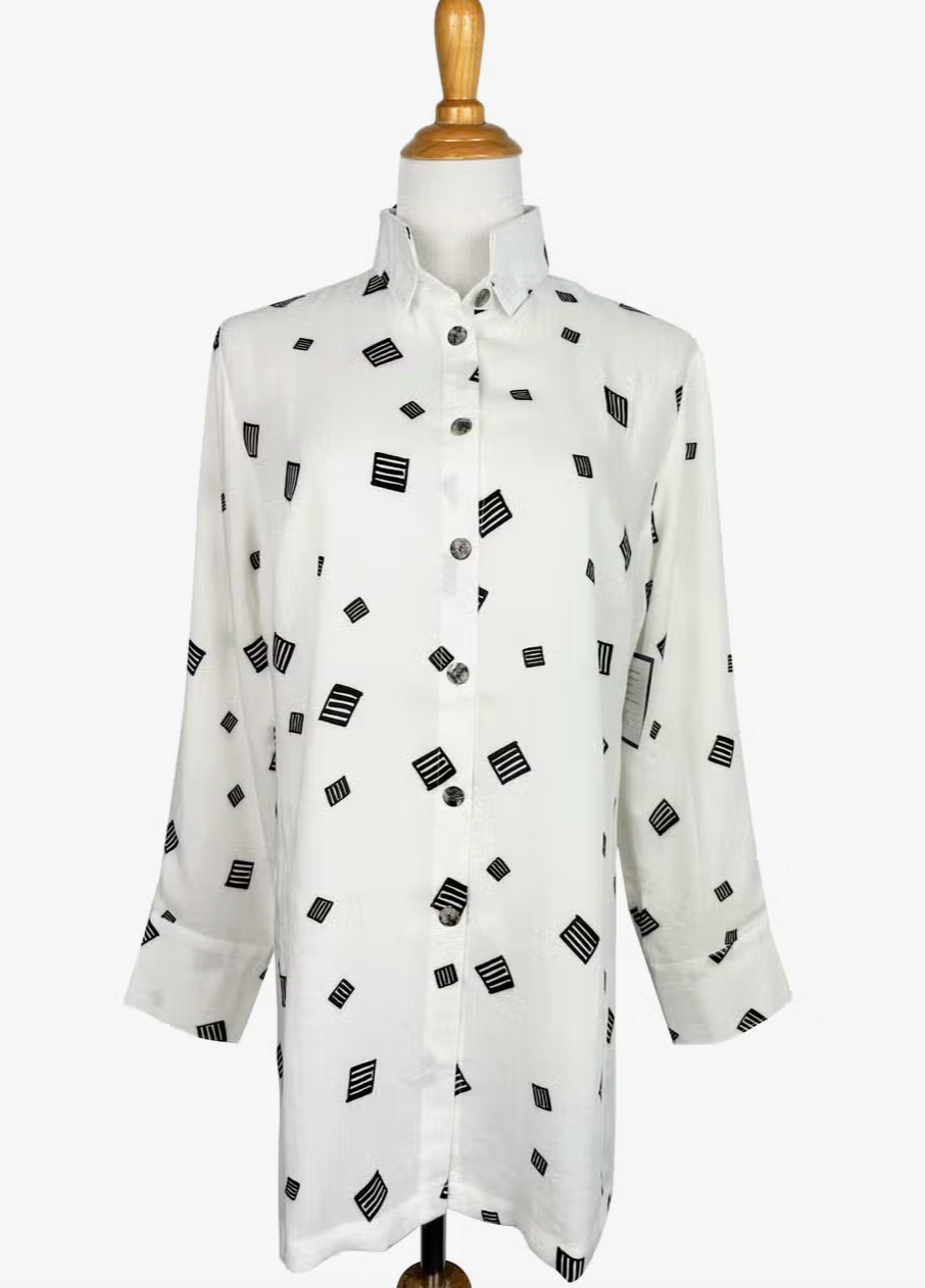 Fridaze AA147 - Marley's Linen Shirt - BLACK SQUARES ON WHITE