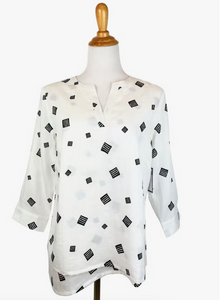 Fridaze AA300 - Olivia Pullover Linen Blouse - BLACK SQUARES ON WHITE