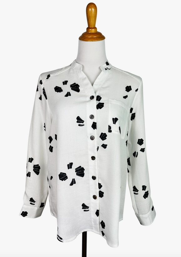 Fridaze AA385- Skylar Linen Shirt  - BLACK PETALS ON WHITE