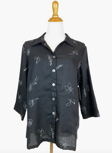 Fridaze AA324- Fiona Linen Blouse - WHITE FLORAL ON BLACK