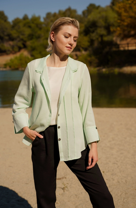 Fridaze AA376- Tessa Asymmetrical Linen Blouse - HONEYDEW