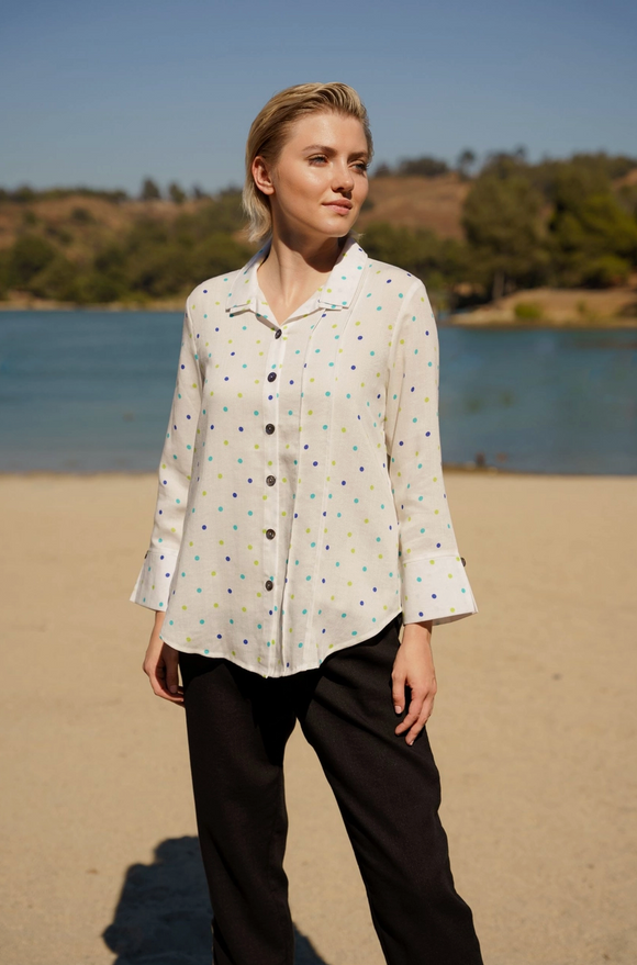 Fridaze AA376- Tessa Asymmetrical Linen Blouse - BLUE/GREEN DOTS