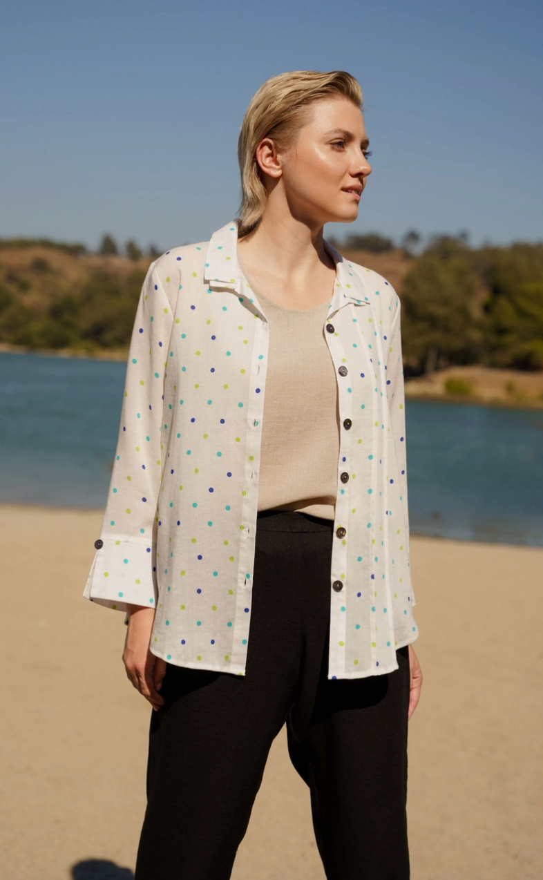 Fridaze AA376- Tessa Asymmetrical Linen Blouse - BLUE/GREEN DOTS