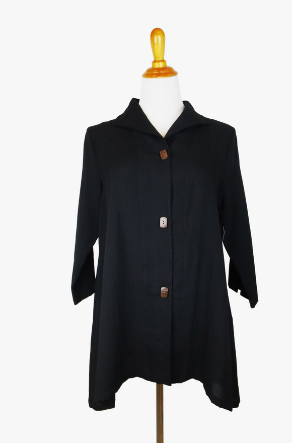 Fridaze AA183- Long Coconut Buttons Swing Linen Jacket -BLACK