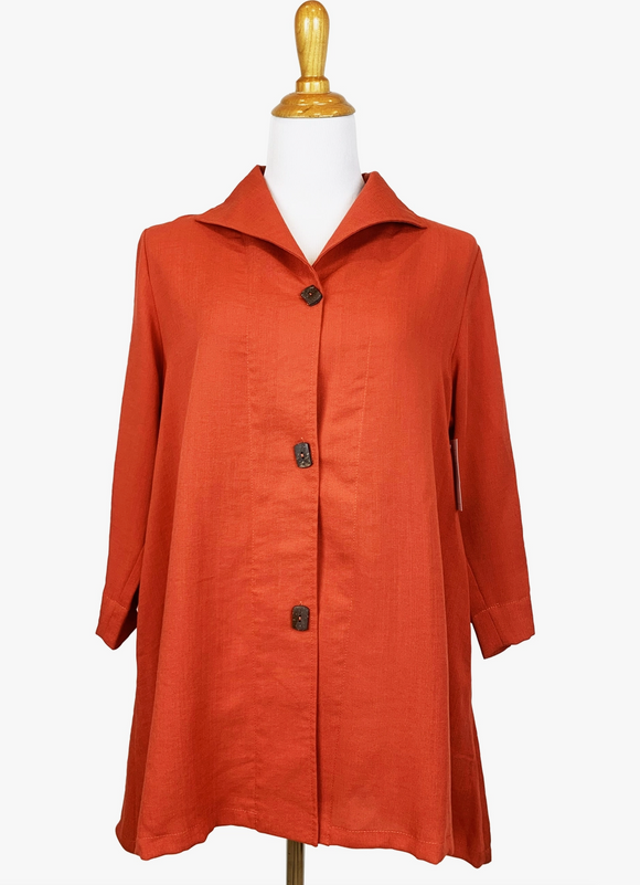 Fridaze AA183- Long Coconut Buttons Swing Linen Jacket -TERRACOTTA