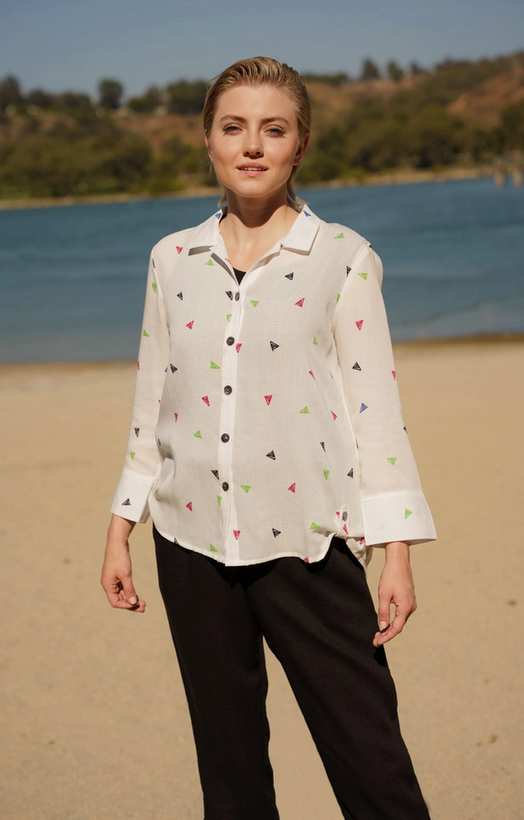 Fridaze AA375- Elle Linen Blouse - MULTI-COLOR TRIANGLES