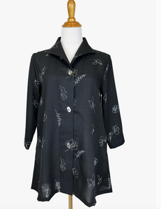 Fridaze AA329- Gwen Linen Swing Jacket - WHITE FLORAL ON BLACK