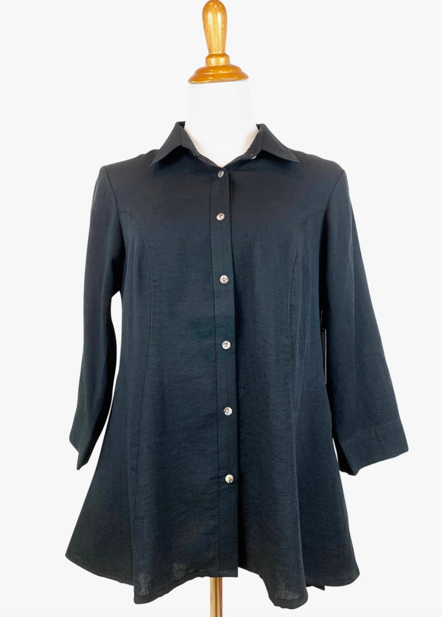 Fridaze AA224 - Veronica Button-Up Linen Blouse - BLACK