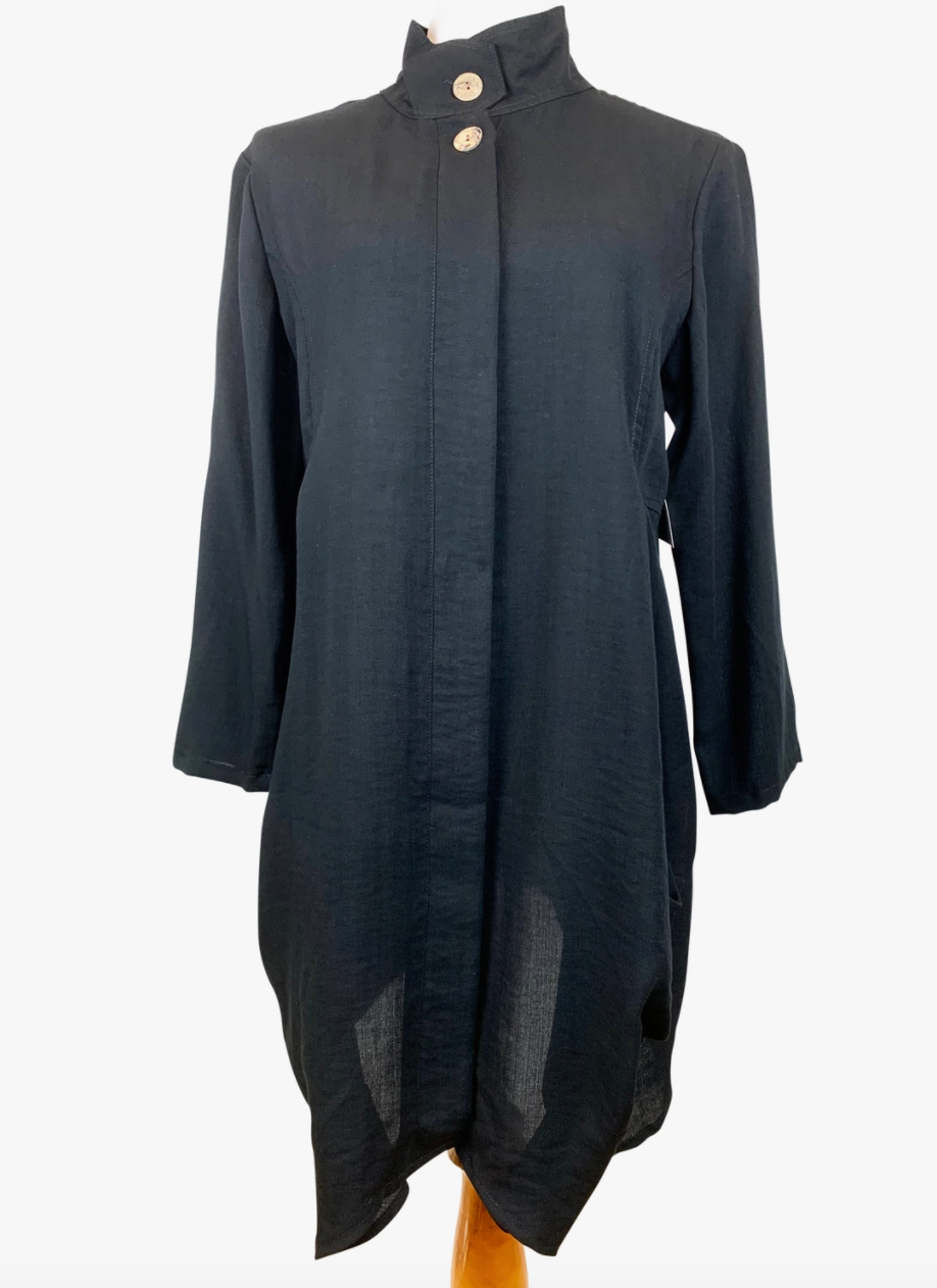 Fridaze AA87- Hidden Button Linen Long Jacket - BLACK
