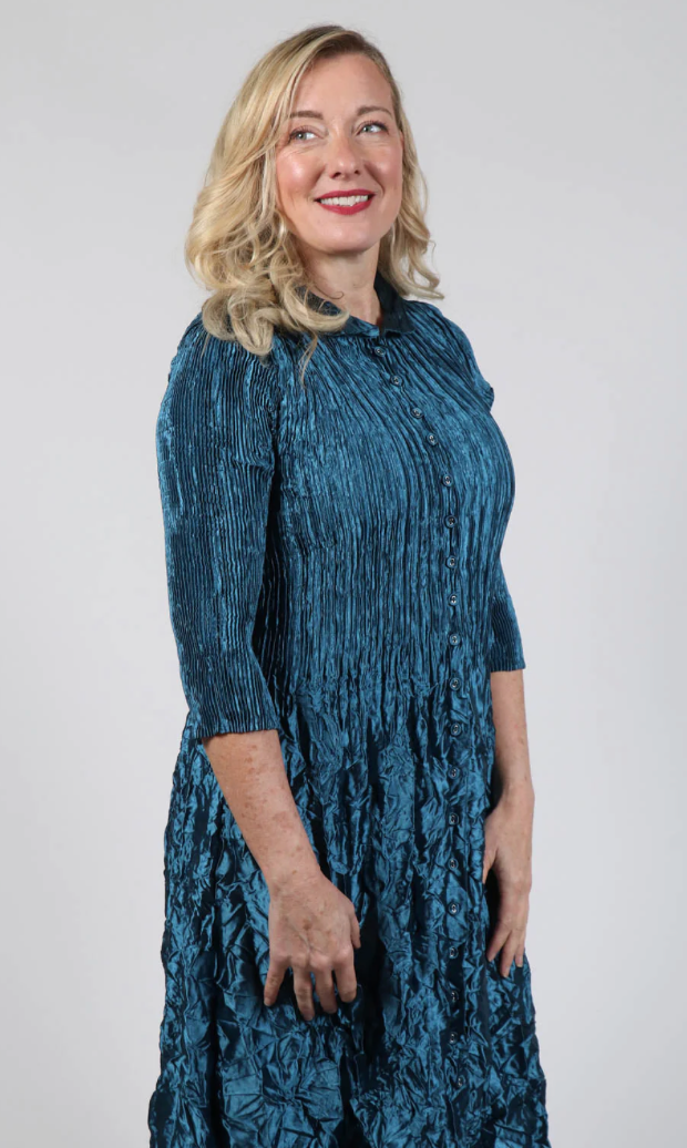 Alquema Metallic Nehru Coat Dress - STEEL BLUE