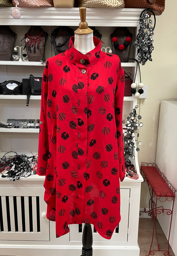 Fridaze AA87- Hidden Button Linen Long Jacket - LIPSTICK OCTAGONS
