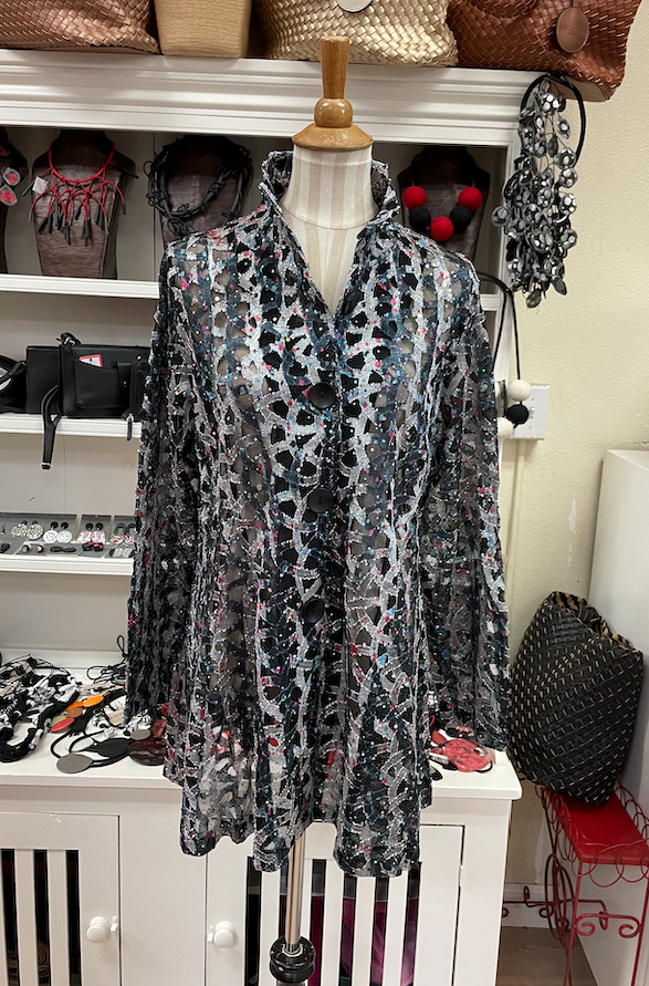 DAMEE HOLOGRAPHIC SCALE MESH FLARE JKT- 300-SILVER