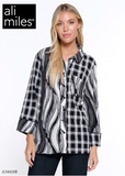 Ali Miles Mixed Knit Button FT Blouse - A34410BM - BLKWHT